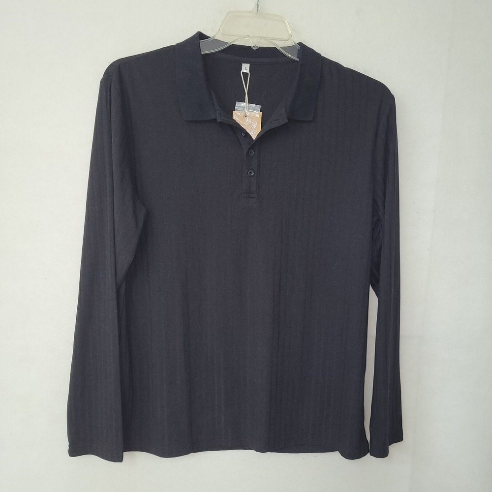 ASKDEER Ribbed Polo Shirt Mens Large Black‎ Long Sleeve 3-Button Stretch New